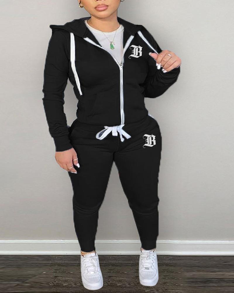 

Plus Size Letter Print Hooded Zip Up Top & Pants Set, Black