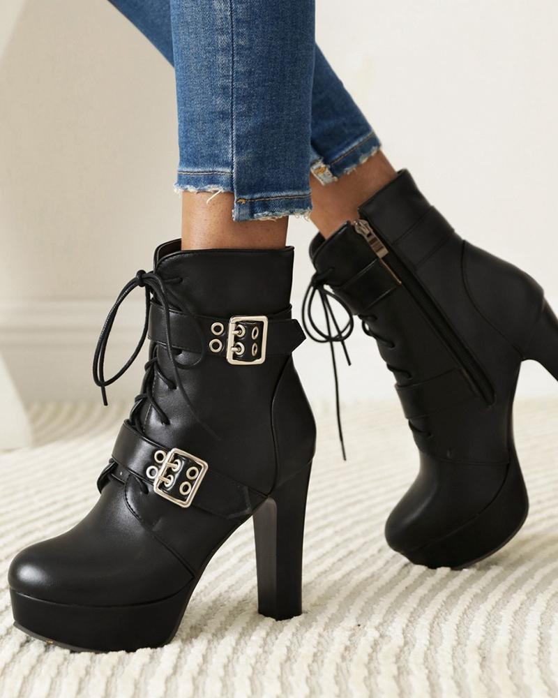 

Womens Wax Finish Buckles Decor Round Toe Lace Up High Heels Boots, Black