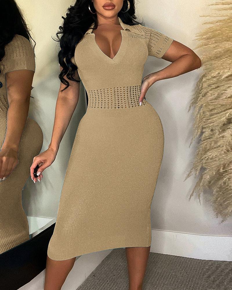 

Hollow Out Turn Down Collar Midi Dress, Khaki