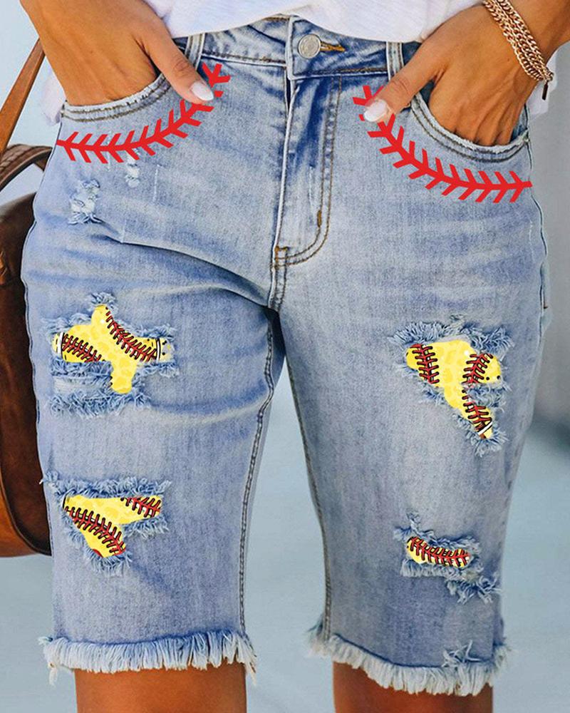 

Baseball Print Patchwork Raw Hem Denim Shorts, Blue