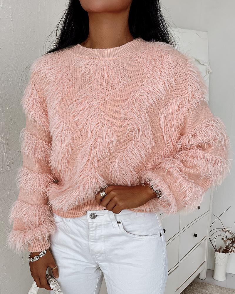 

Fluffy Tassel Design Long Sleeve Sweater, Light pink