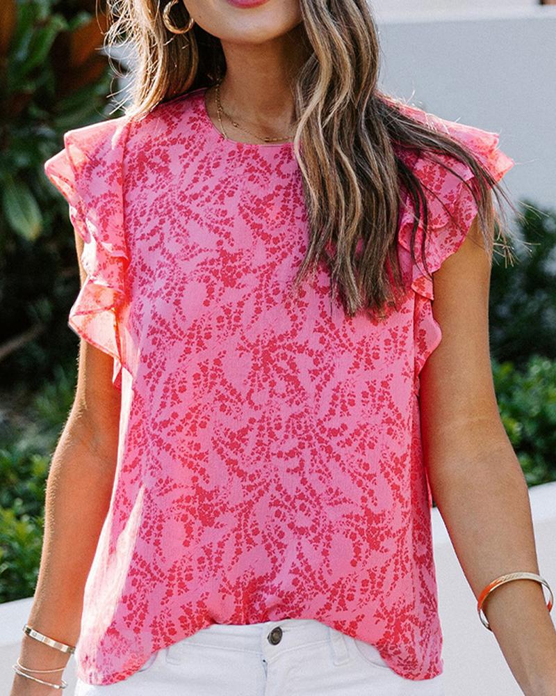 

Floral Print Ruffles Short Sleeve Top, Hot pink