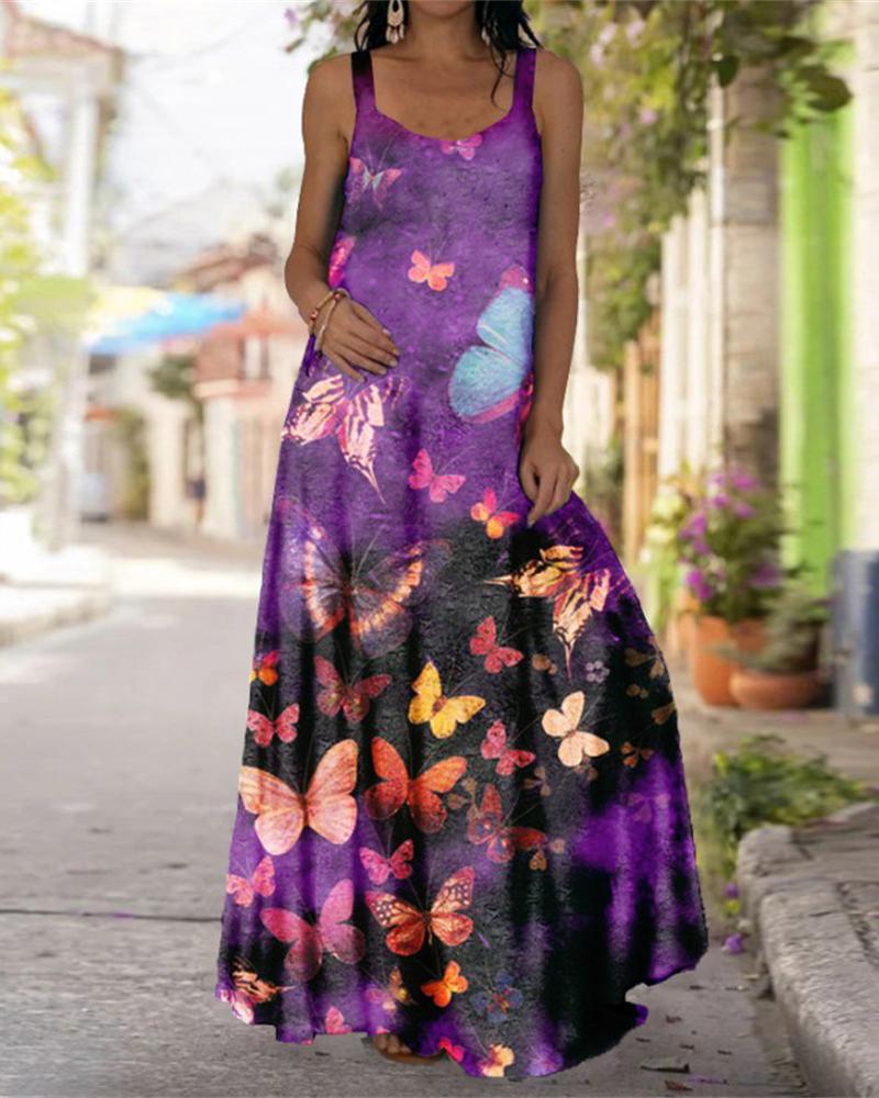 

Thick Strap Butterfly Print Maxi Dress, Purple