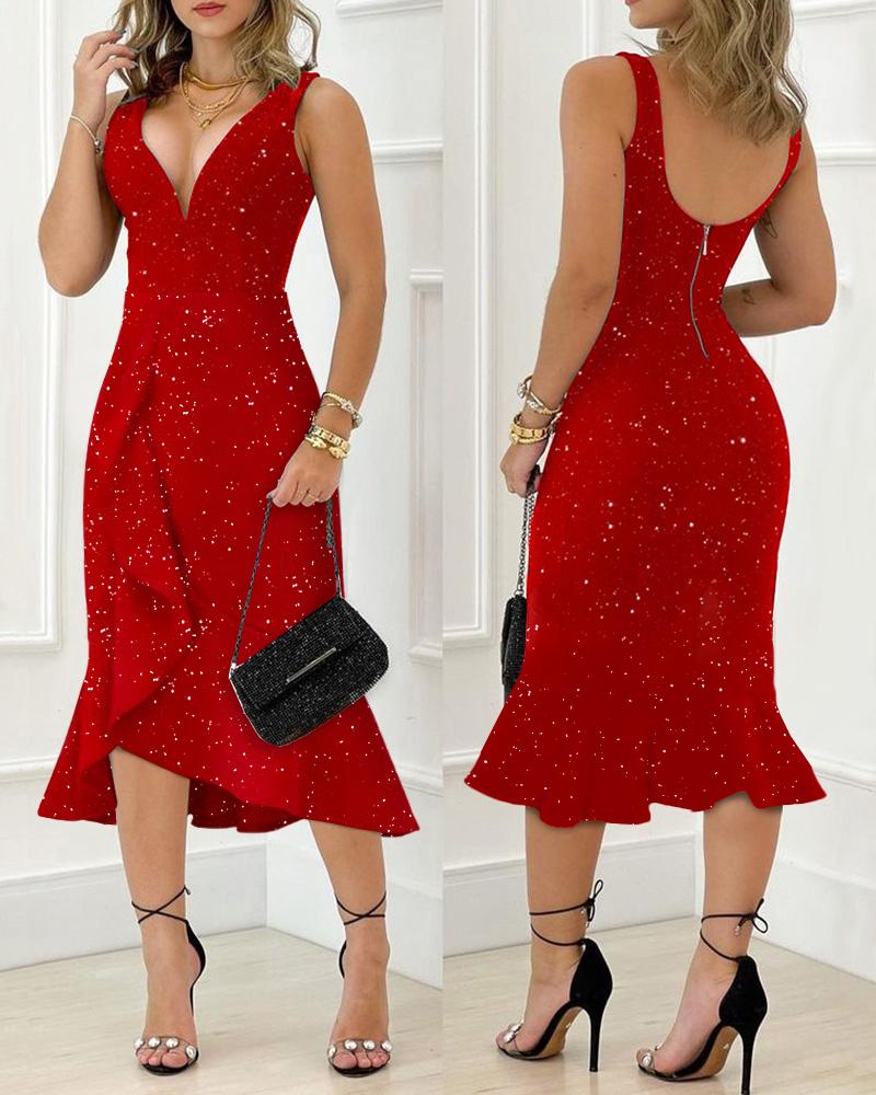 

Ruffle Hem Glitter Party Dress, Red