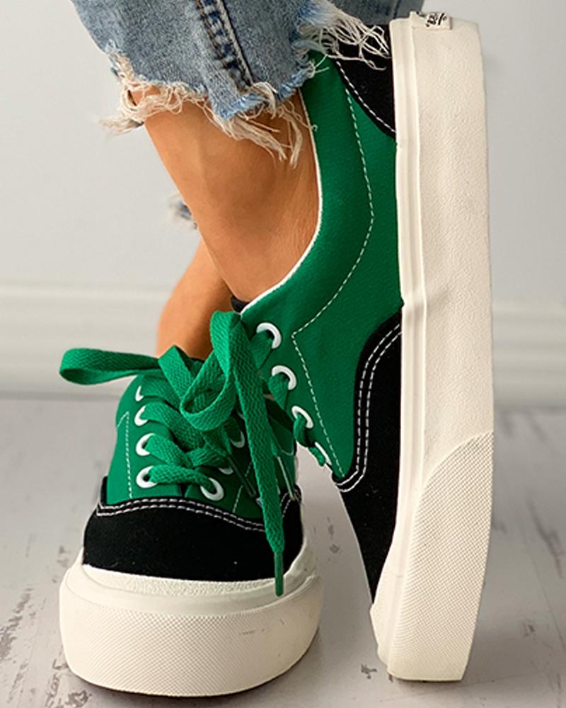 

Eyelet Lace-up Colorblock Casual Canvas Shoes, Black