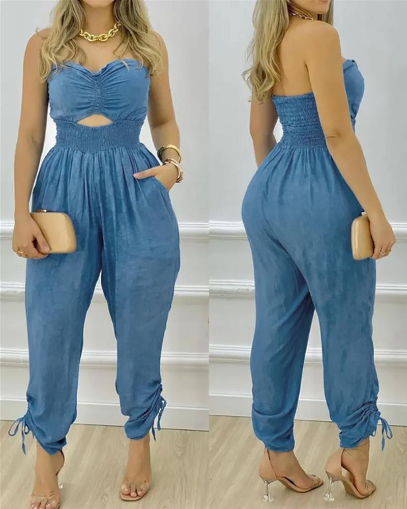 Bandeau Cutout Shirred Pocket Design Jumpsuit