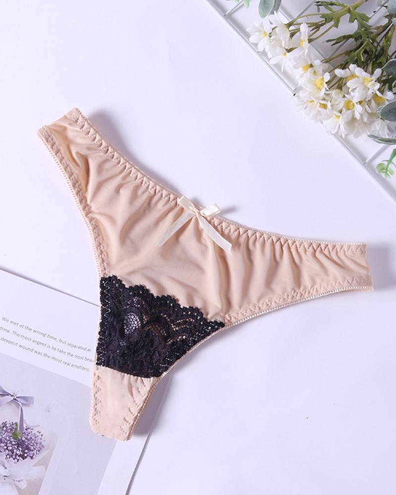 

Sexy Women Lace Patchwork Low Waist Thong In Solid Color, Nude