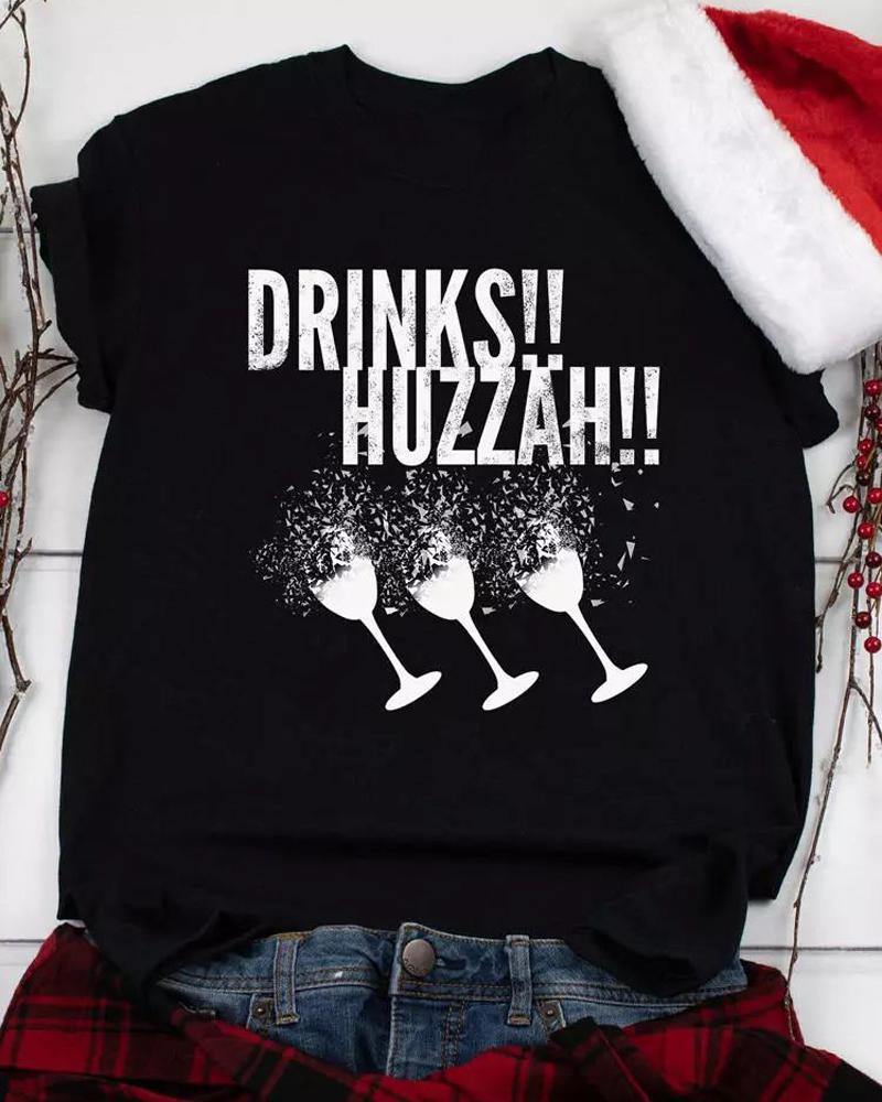 

Christmas Wine Glass Print Casual T-shirt, Black