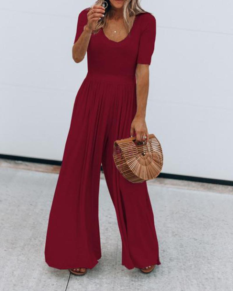 

V Neck Flare Leg Jumpsuit, Wine red