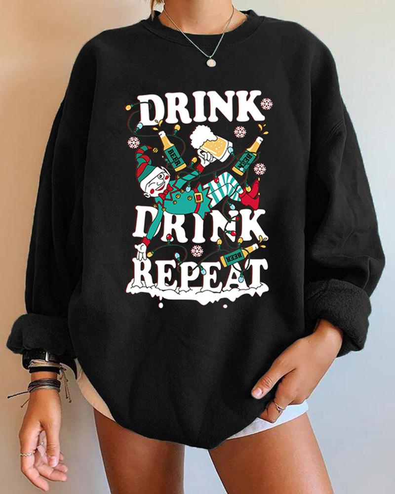 

Christmas Elf Letter Print Long Sleeve Sweatshirt, Black