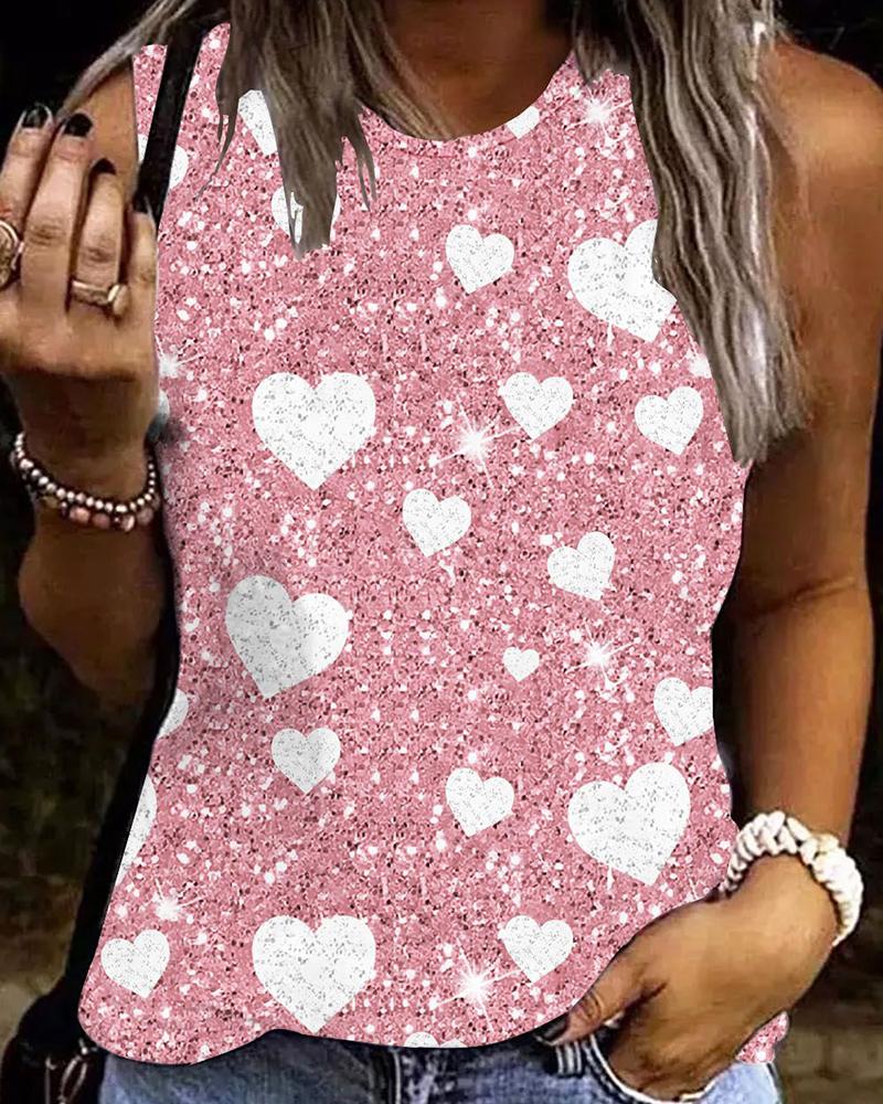 

Heart Print Round Neck Casual Tank Top, Pink