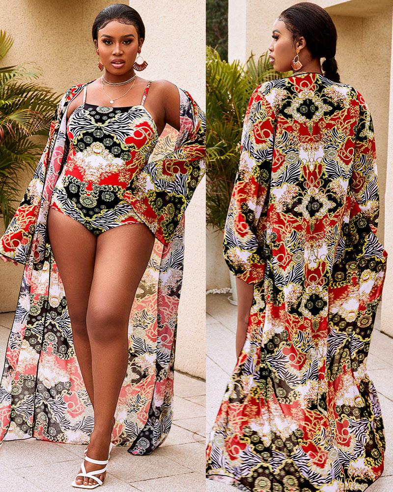 

Long Sleeve Baroque Print Cover Up Coat, Multicolor