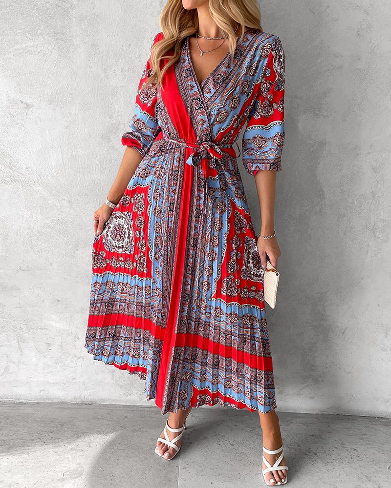 

Robe décontractée à imprimé tribal et détail noué, Red