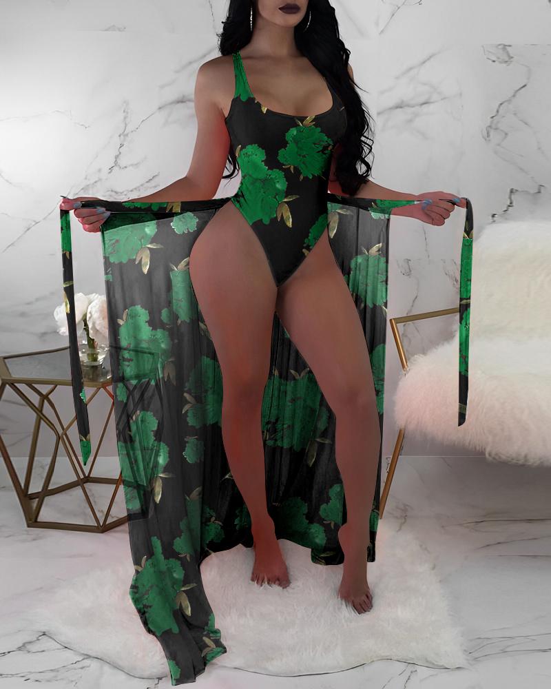 

Floral Print One-Piece Swimsuit With Cover Up, Green