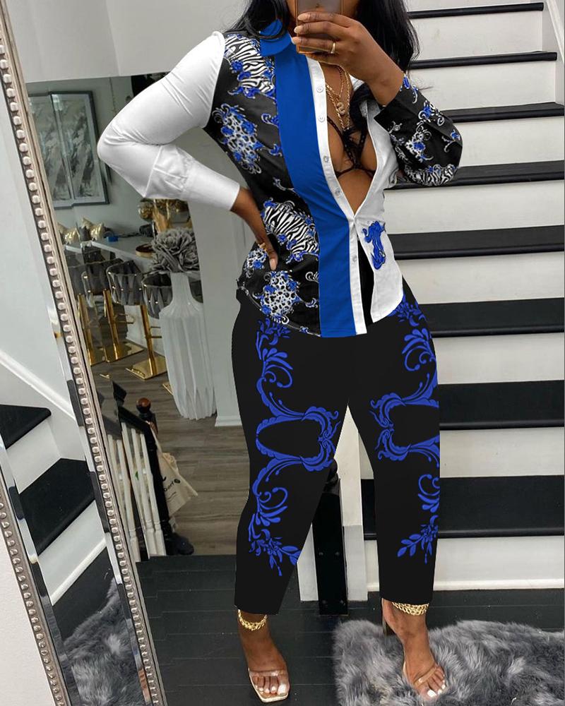 

Scarf Cheetah Print Buttoned Top & Pants Set, Blue