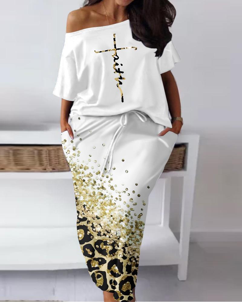 

Plus Size Faith Letter Pattern Top & Contrast Leopard Print Skirt Set, White