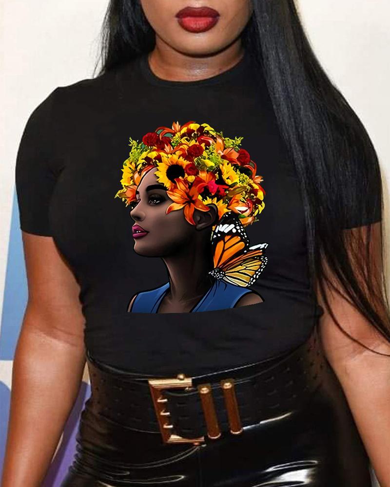 

Figure Butterfly Print Casual T-shirt, Black