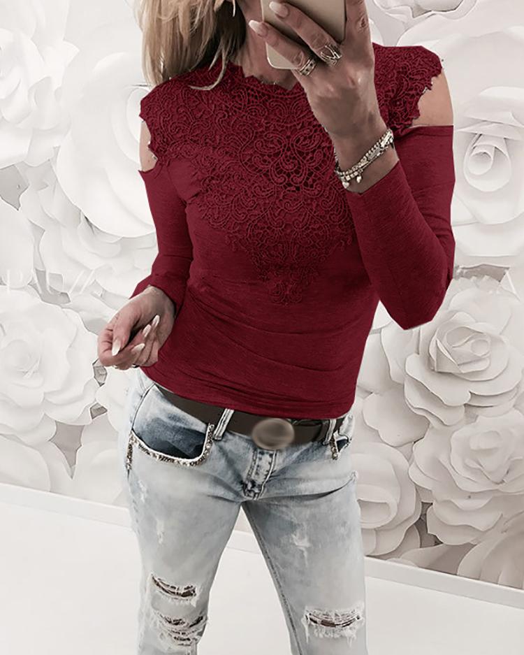 

Appliqued Lace Cold Shoulder Women Blouse, Wine red