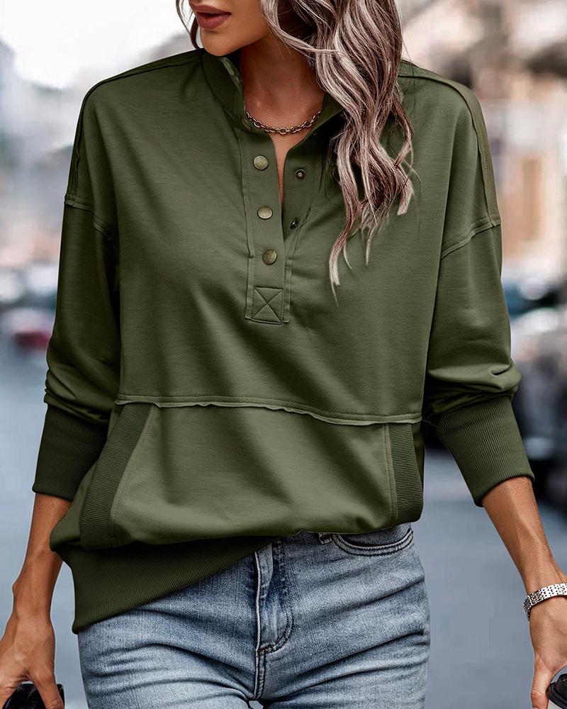 

High Neck Buttoned Pocket Design Top, Army green