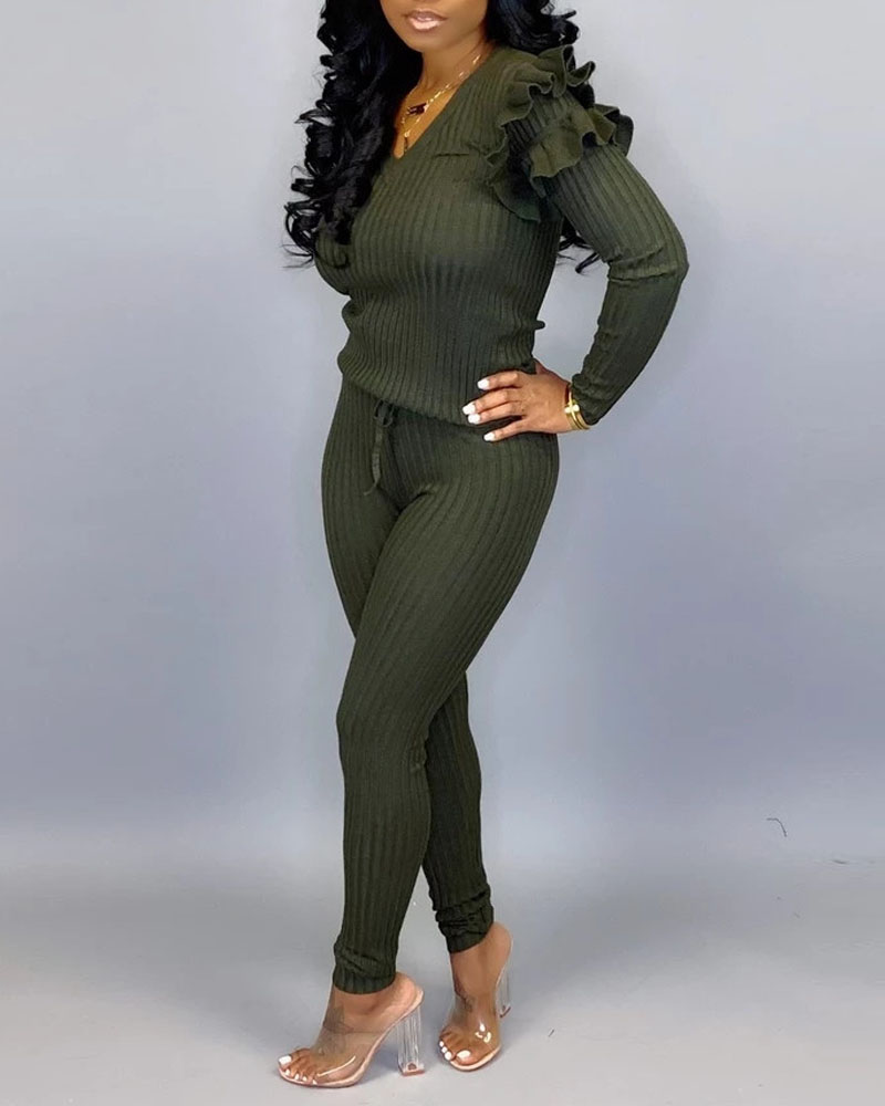 

Frill Hem Long Sleeve Top & Pants Set, Green