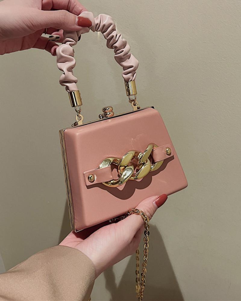

PU Leather Chain Decor Top Handle Crossbody Bag, Pink