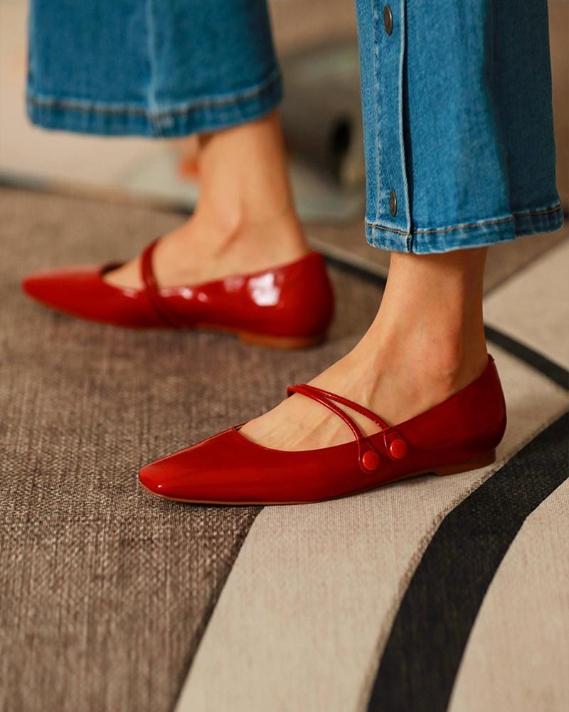 

Double Strap Square Toe Mary Jane Flats, Red