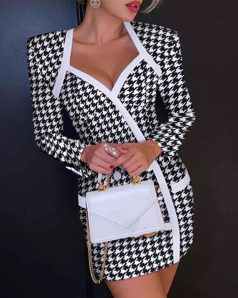 

Houndstooth Button Decor Padded Shoulder Blazer Dress, Black&white