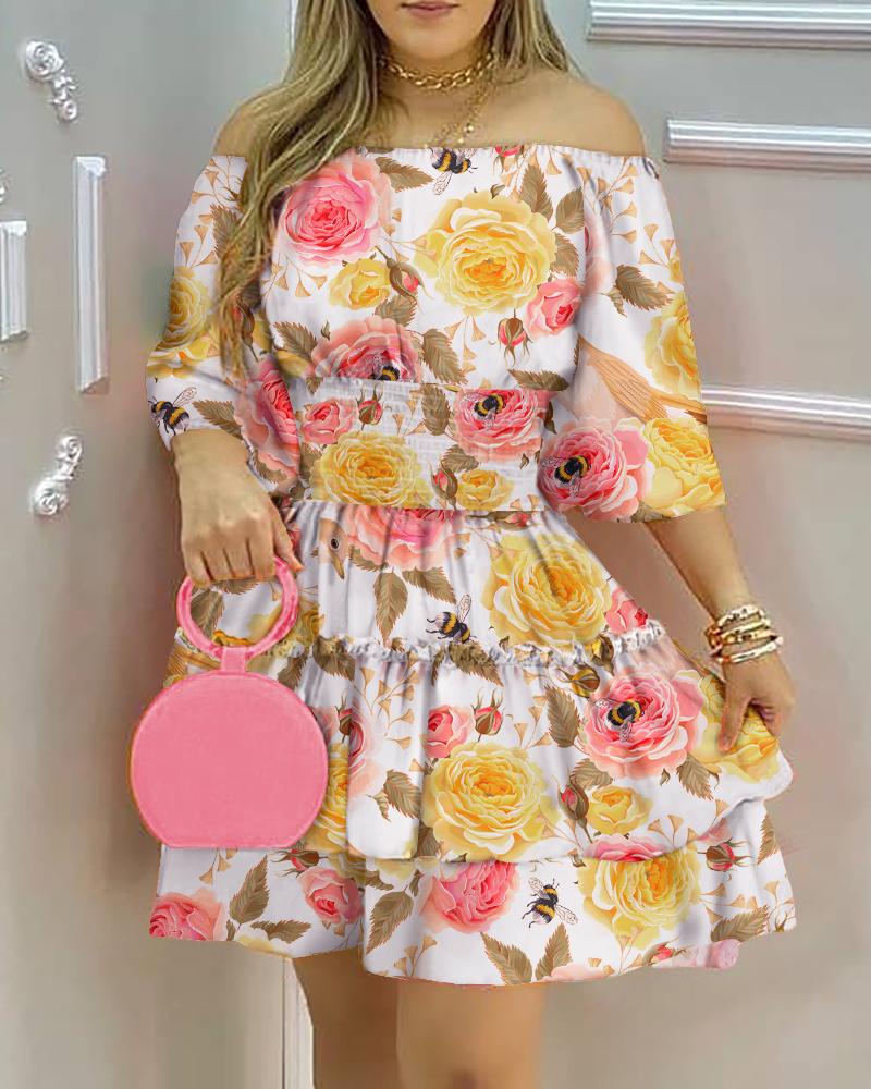

Floral Print Off Shoulder Frill Hem Dress, Multicolor