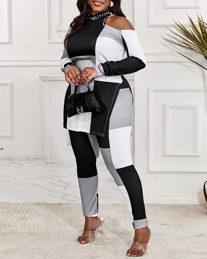 

Plus Size Geometric Print Cold Shoulder Split Hem Top & Pants Set, Black