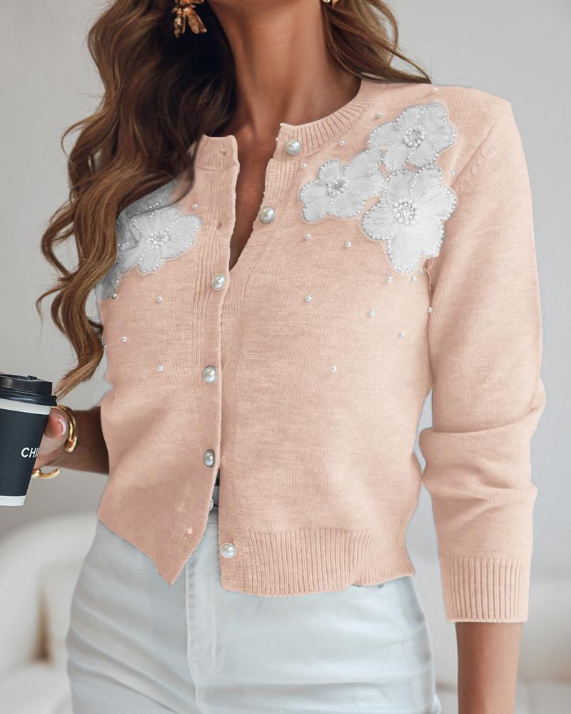 

Cardigan en tricot à simple boutonnage, col rond, avec appliques florales et perles, décontracté, Pink