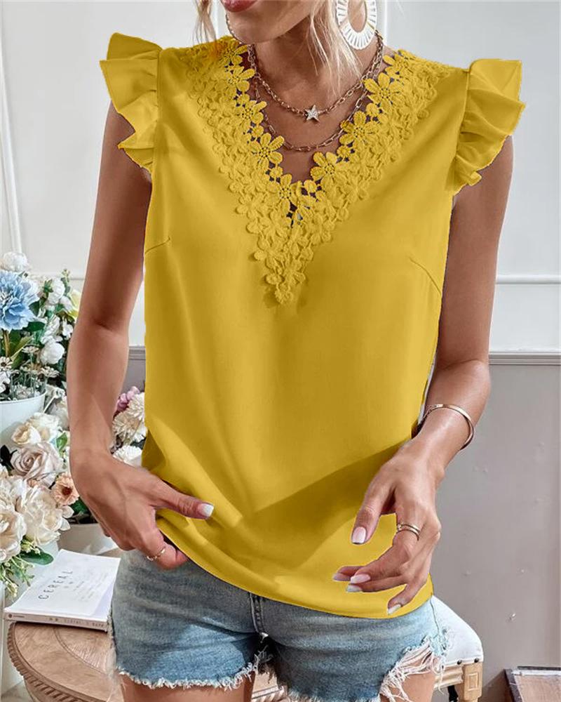 

Guipure Lace Patch Ruffle Hem Top, Yellow