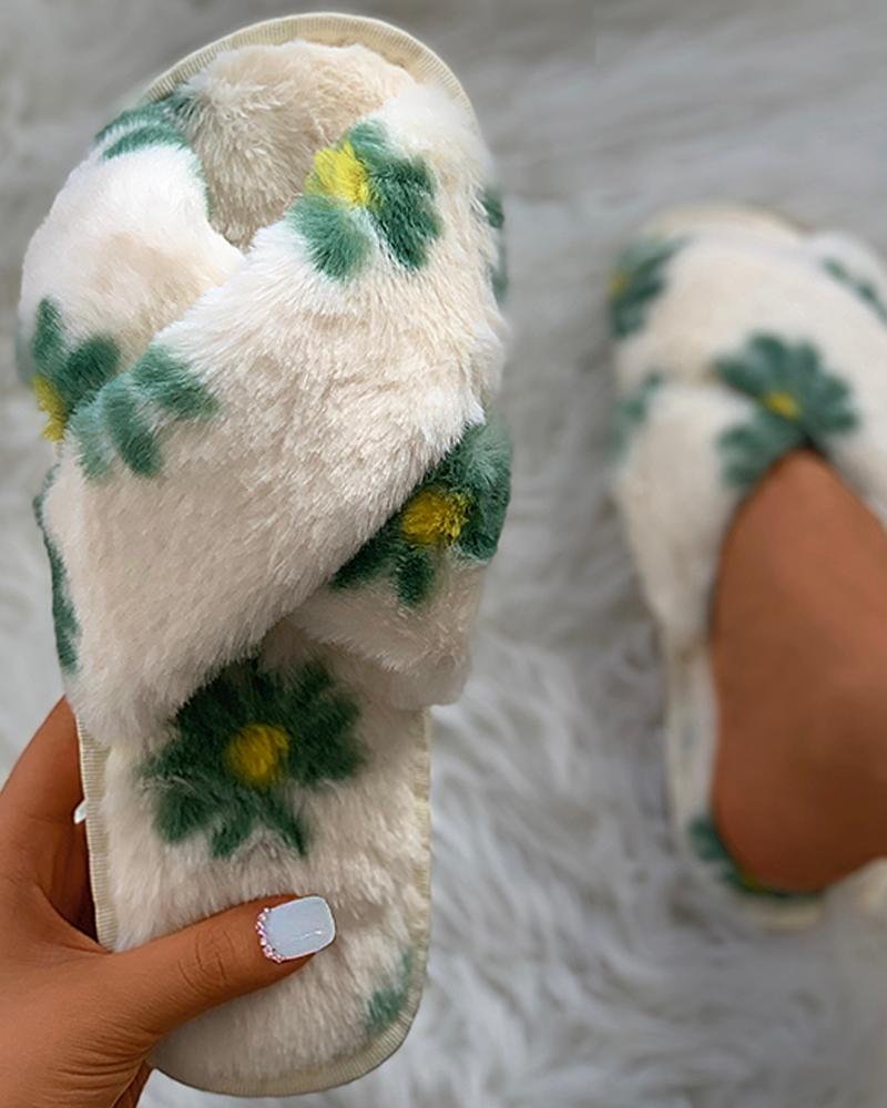 

Floral Print Cross Fluffy Slippers, Green