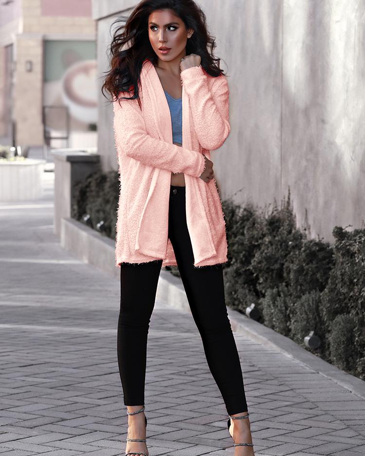 

Stylish Solid Hooded Longline Sweater Cardigan, Pink;white;khaki