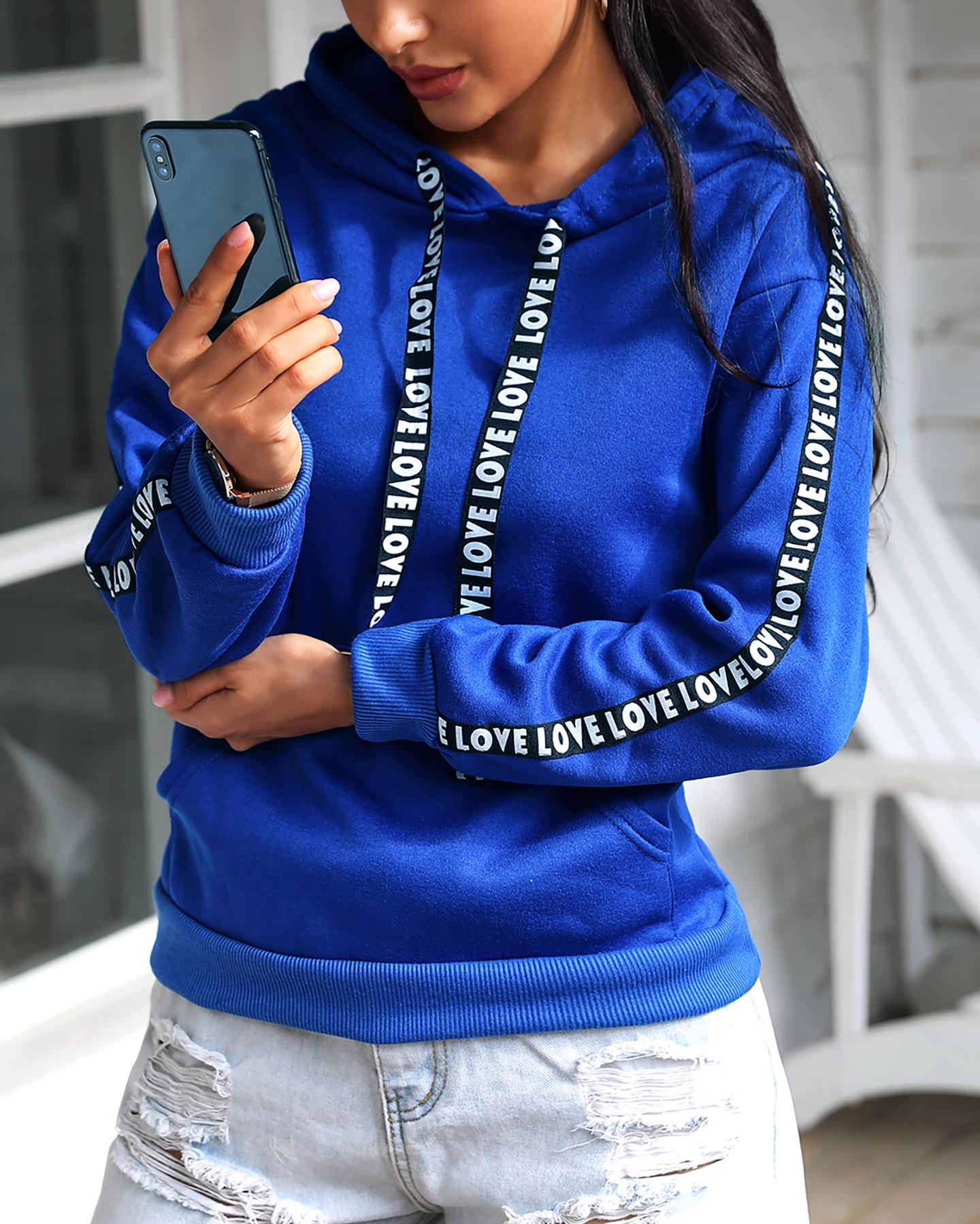 

Letter Print Pocket Design Hooded Top, Blue