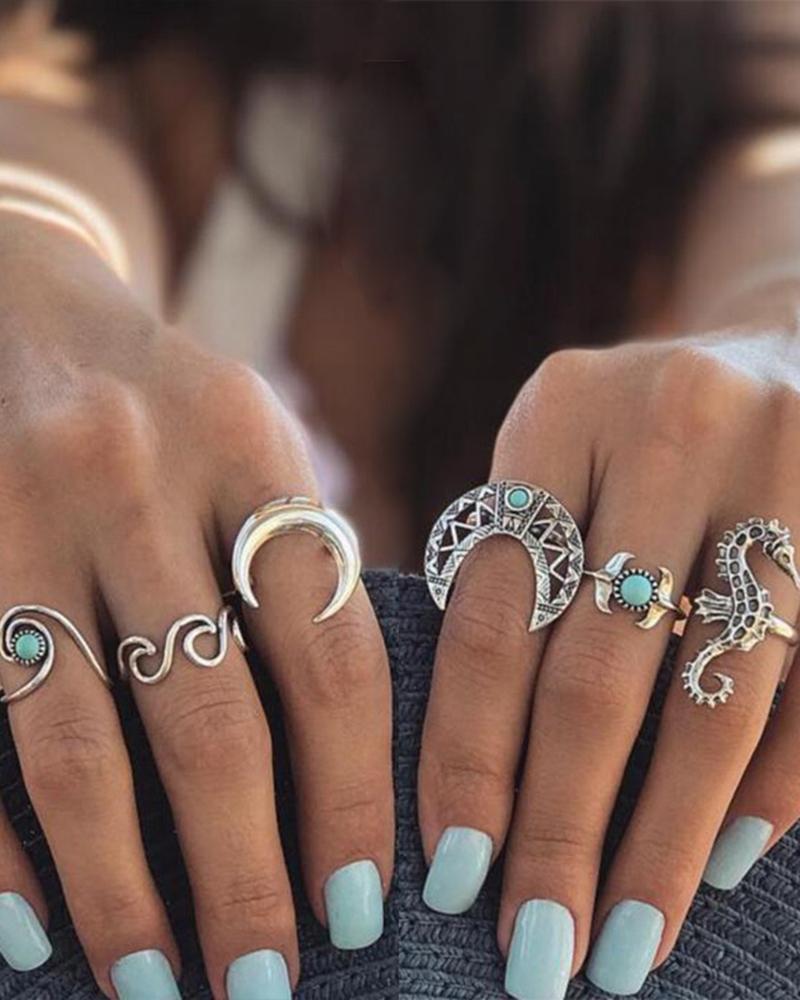 

6pcs Moon Turquoise Alloy Open Rings Set, Silver