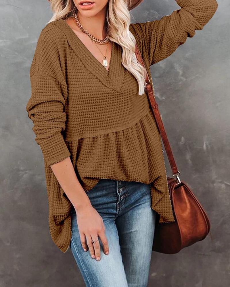 

Long Sleeve Waffle Knit V-Neck Ruched Top, Brown