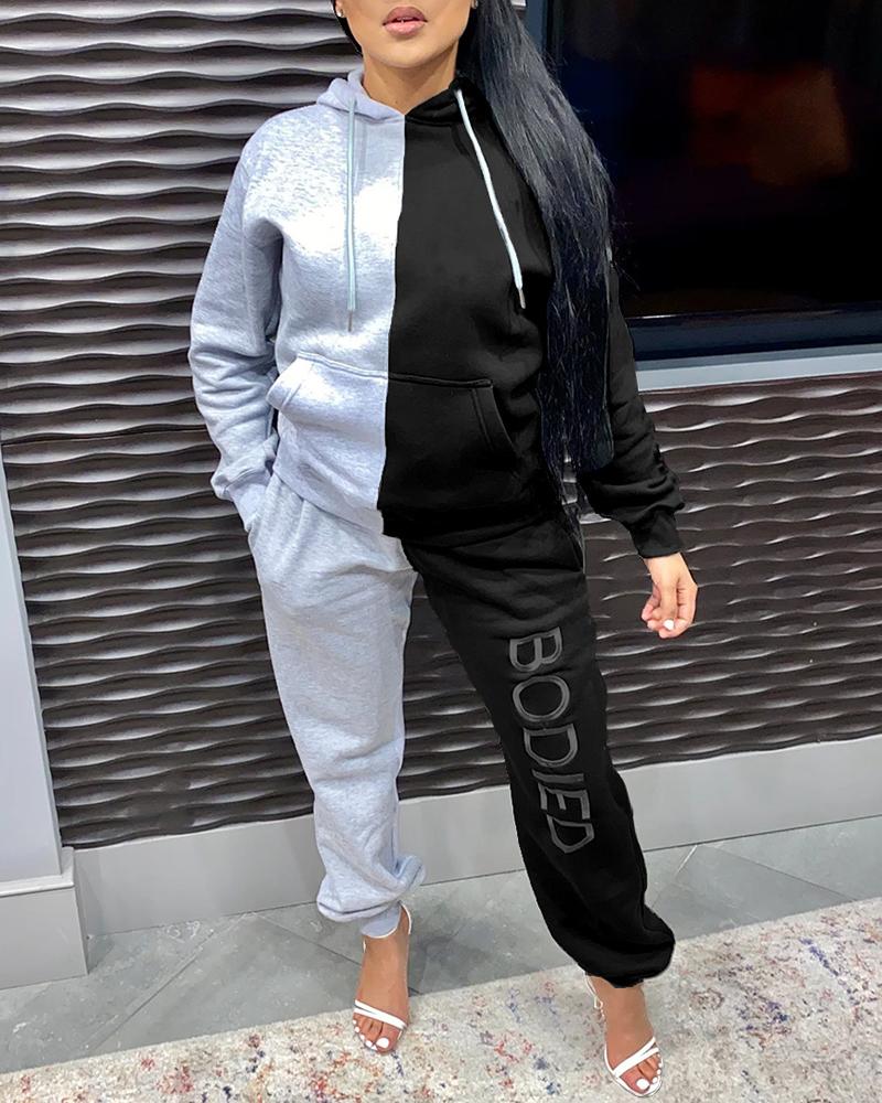 

Colorblock Pocket Design Hooded Top & Letter Print Pants Set, Black