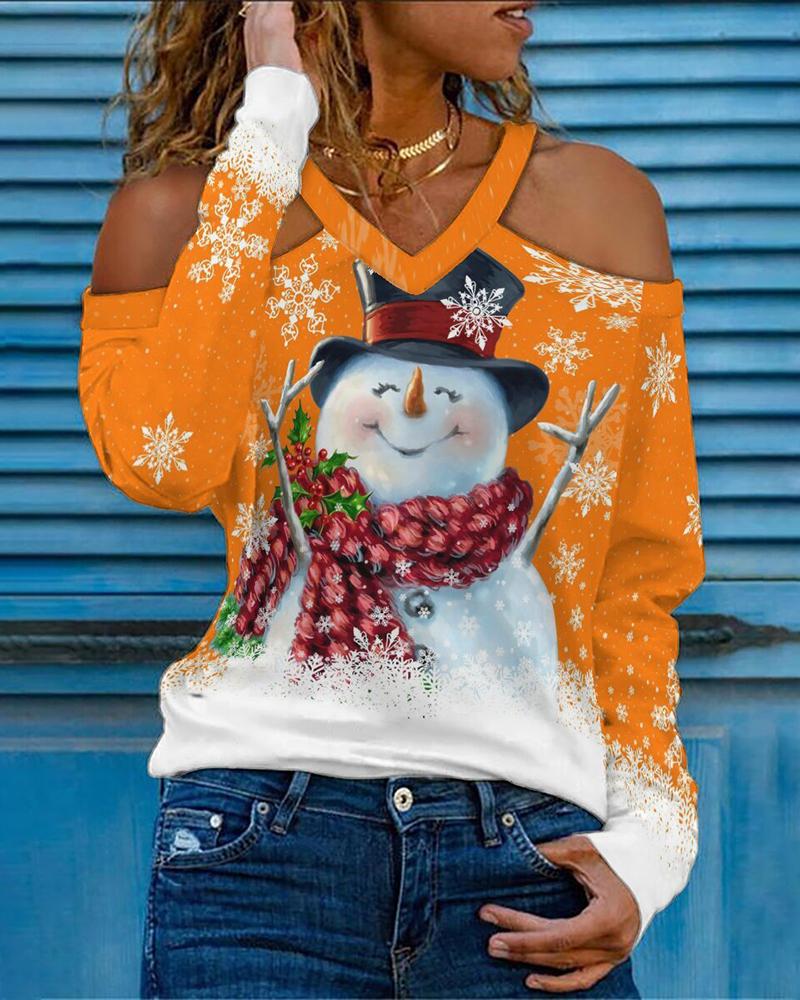 

Christmas Cold Shoulder Snowflake Snowman Print Top, Orange