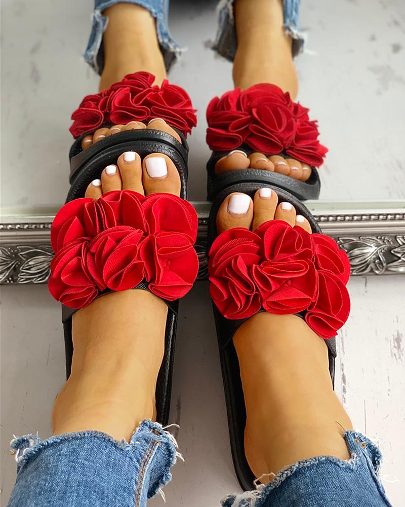 

Ruched Flower Embellished Flat Sandals, Red