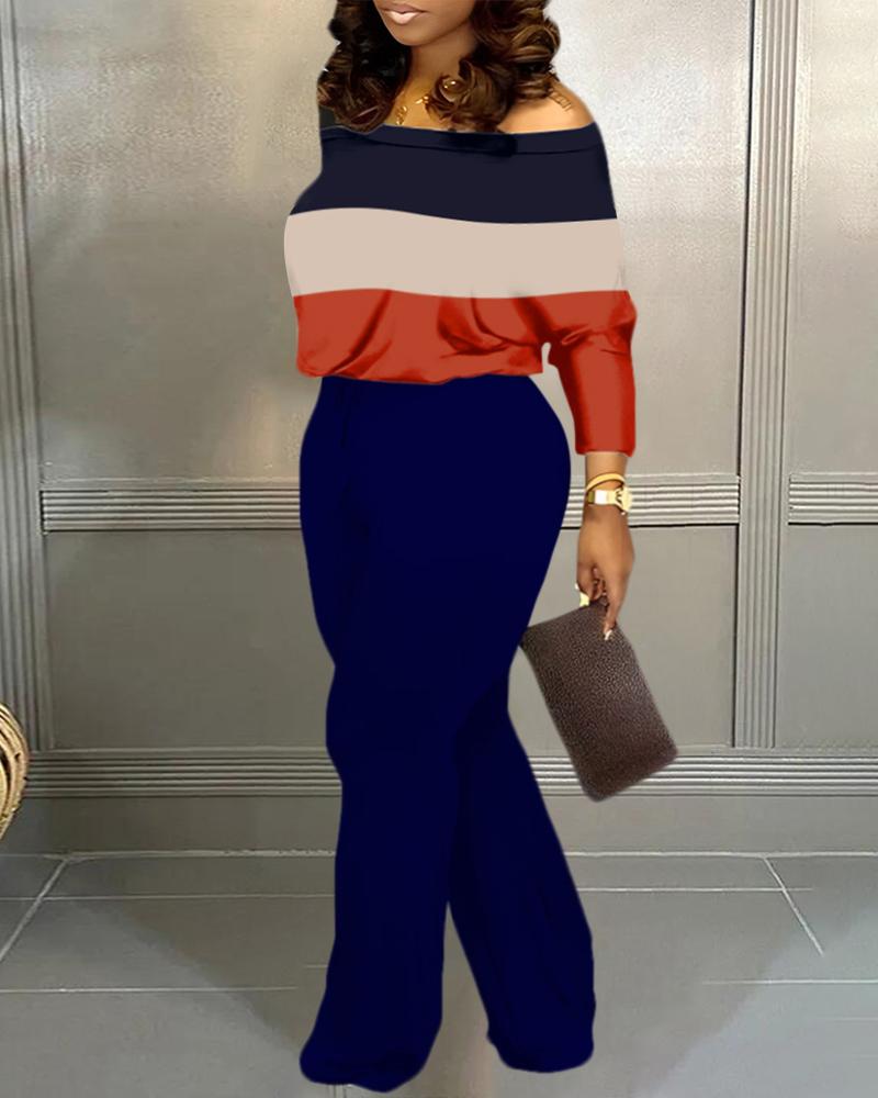 

Plus Size Colorblock Top & Flared Pants Set, Multicolor
