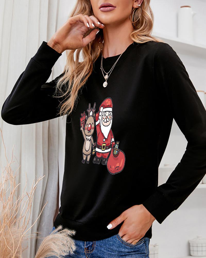 

Christmas Deer Santa Print O Neck Long Sleeve Top, Black