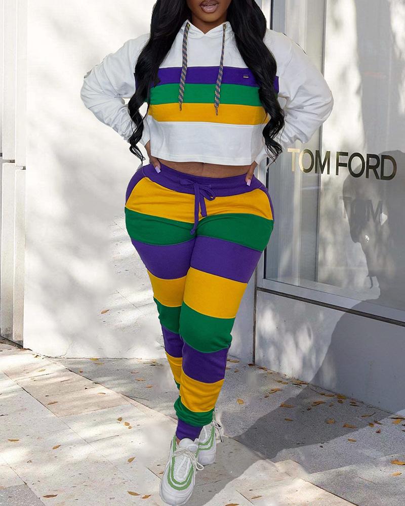 

Striped Hoodie & Drawstring Sweatpants Set, White