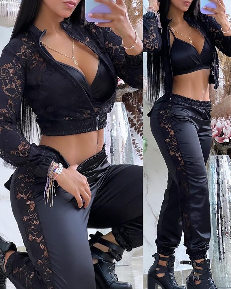

Crochet Lace Zipper Design Coat & High Waist Pants Set, Black