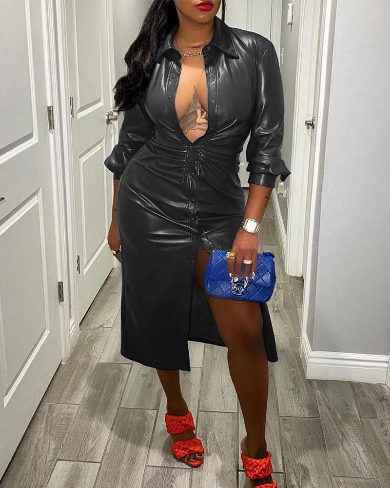 

Buttton Design Long Sleeve PU Leather Trench Coat, Black