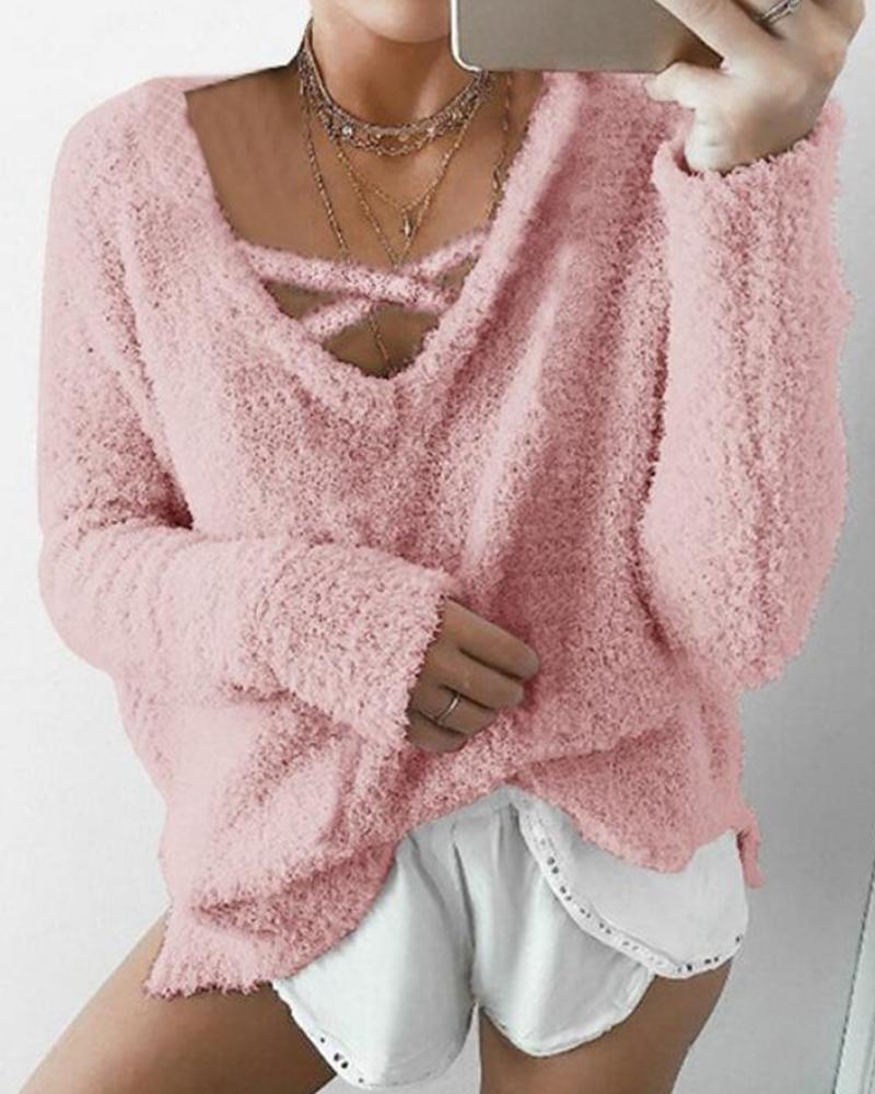 

Solid Color Loose Knitting Sweater, Pink