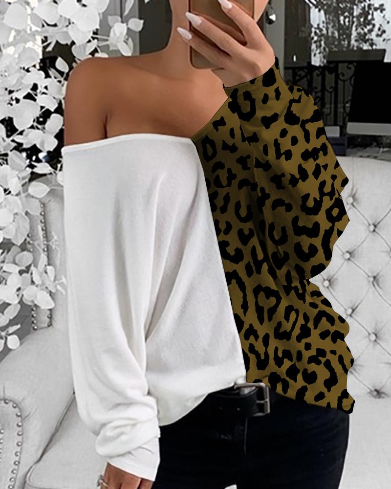 

Cheetah Print Colorblock Long Sleeve Top, White
