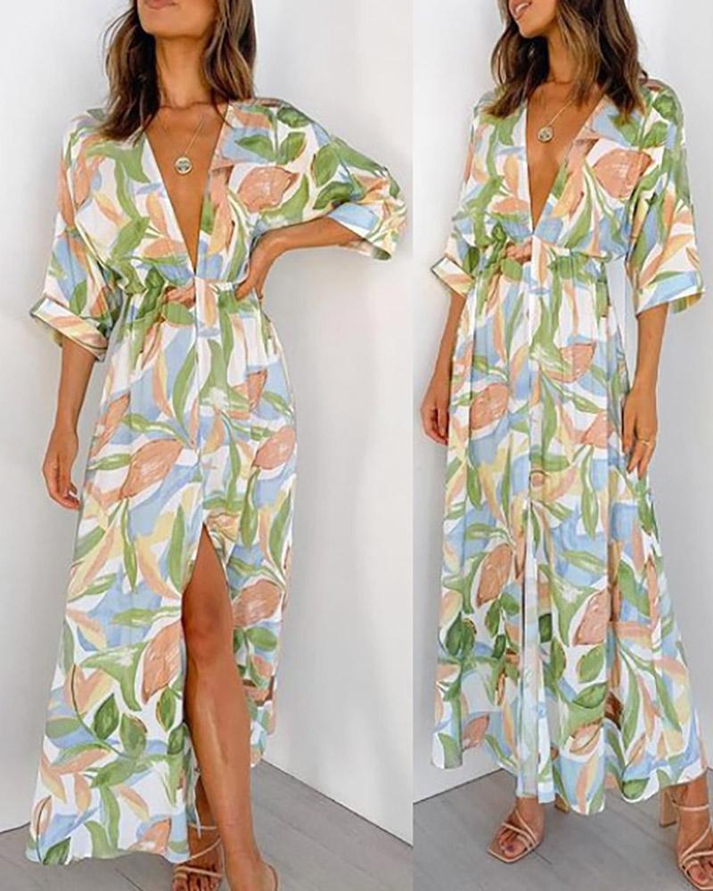 

Plunge Tropical Half Sleeve Slit Dress, White