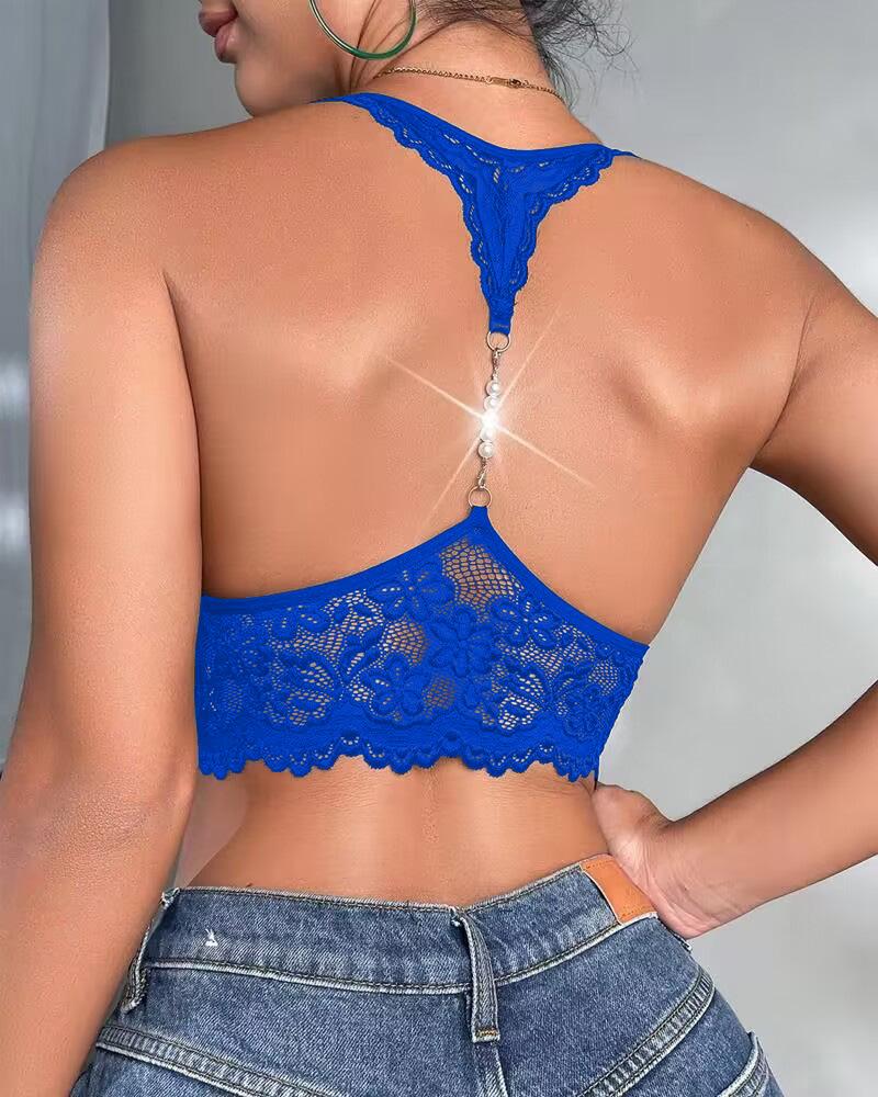 

Pearls Decor Crochet Lace Bralette, Blue