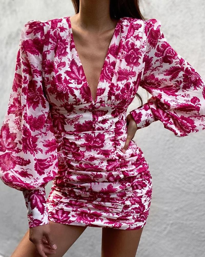 

Floral Print Lantern Sleeve Ruched Bodycon Dress, Hot pink