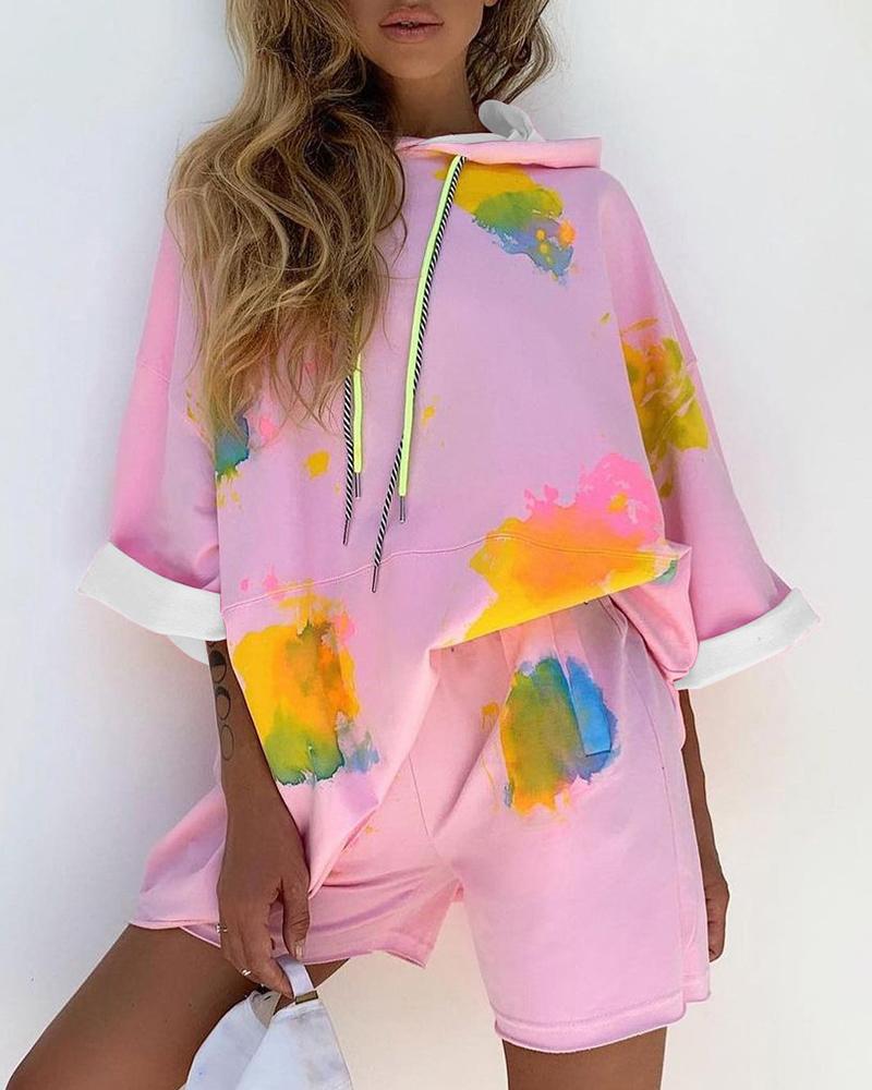 

Ink Splash Print Hooded Top & Shorts Set, Pink